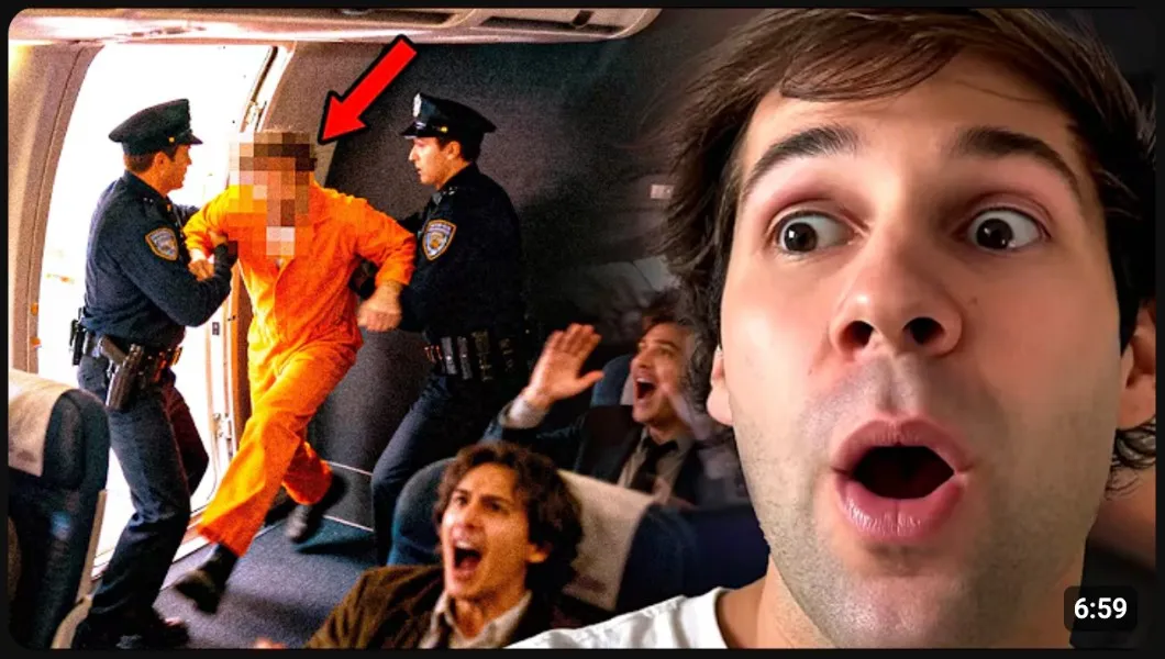 David Dobrik YouTube thumbnail featuring a shocked facial expression and a blurred prisoner being escorted by police out of an airplane