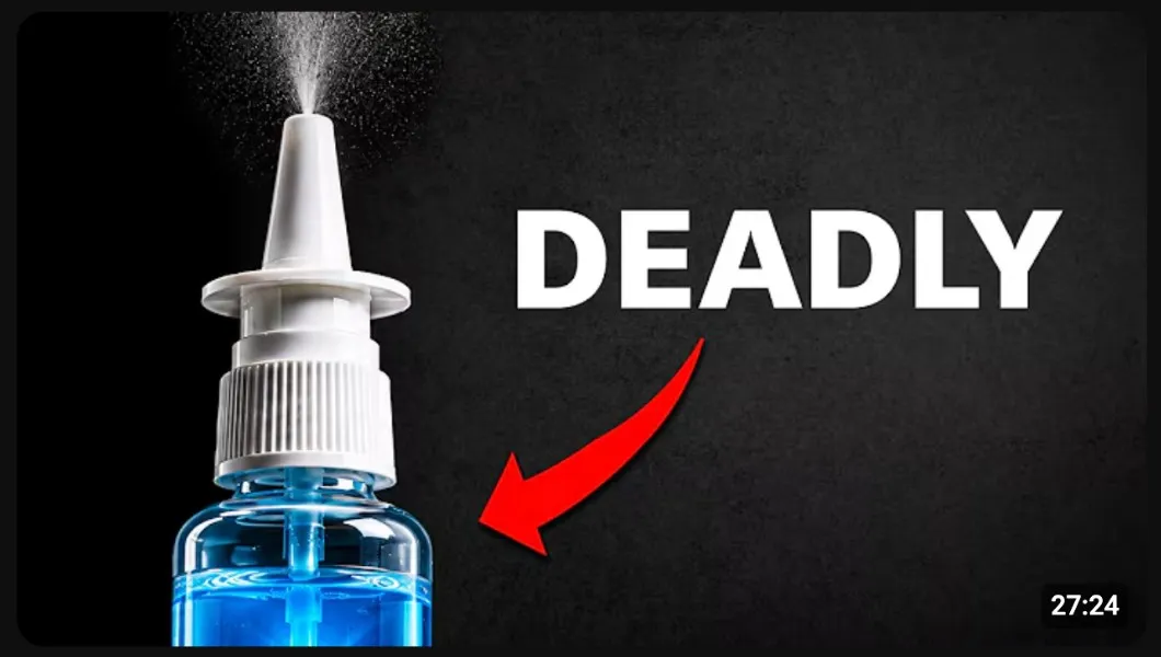 Fern YouTube thumbnail featuring a nasal spray bottle with the word DEADLY and a red arrow pointing toward it