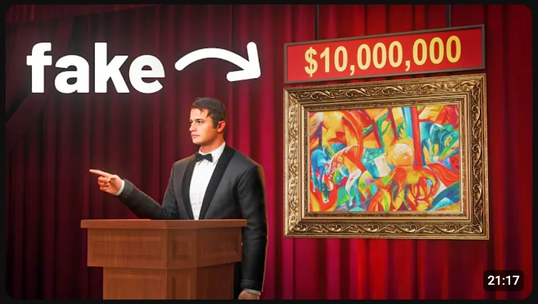 Neo YouTube thumbnail showing the word fake with an arrow pointing to a $10 million painting at an auction