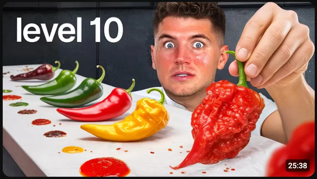 Nick DiGiovanni YouTube thumbnail featuring a row of giant chili peppers, the text level 10, and a worried facial expression