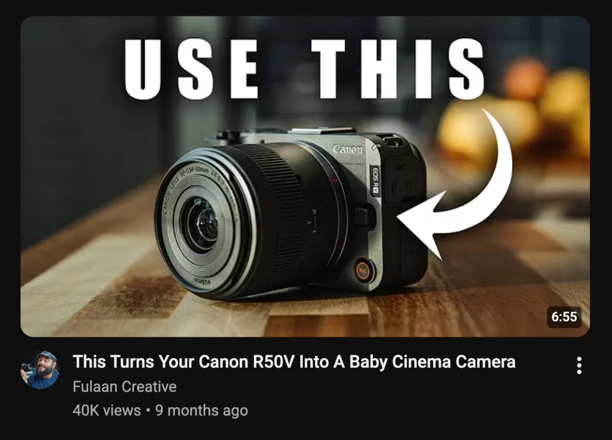 YouTube thumbnail design from Fulaan Creative that features an arrow pointing to a Canon R50V cinema camera with text that reads USE THIS