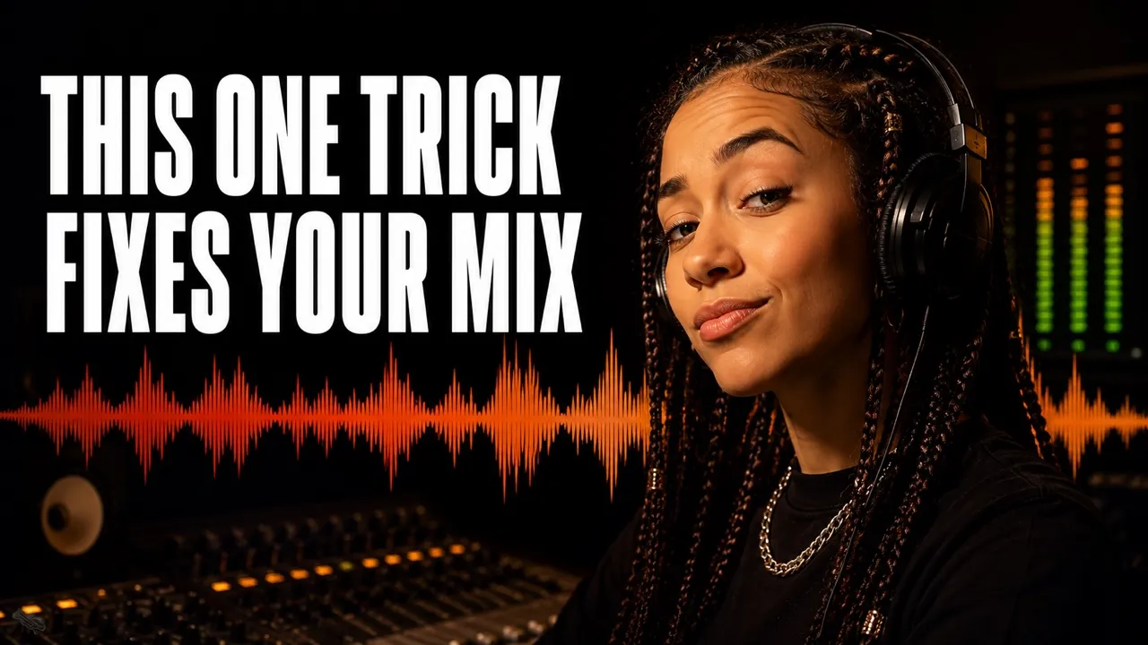 YouTube thumbnail template from Snappa featuring a music producer wearing headphones with large bold text that reads THIS ONE TRICK FIXES YOUR MIX