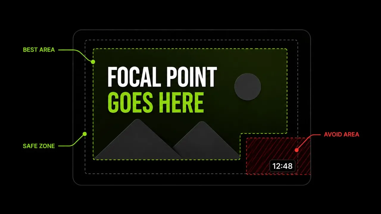 Diagram showing the best areas for placing important elements in a YouTube thumbnail and the bottom-right area to avoid because of the video timestamp